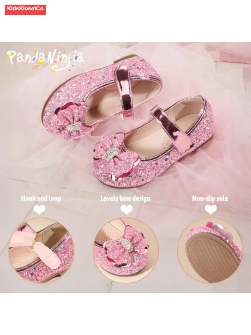 Toddler Girls Round Toe Ballet Flats Hook and Loop Non-slip Pearls Strap Dress